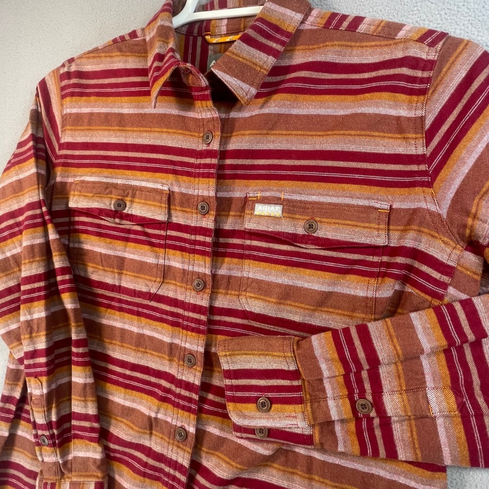 Ariat Button Down Women M Burgundy Multi Stripe Western Long Sleeve Shirt Pocket